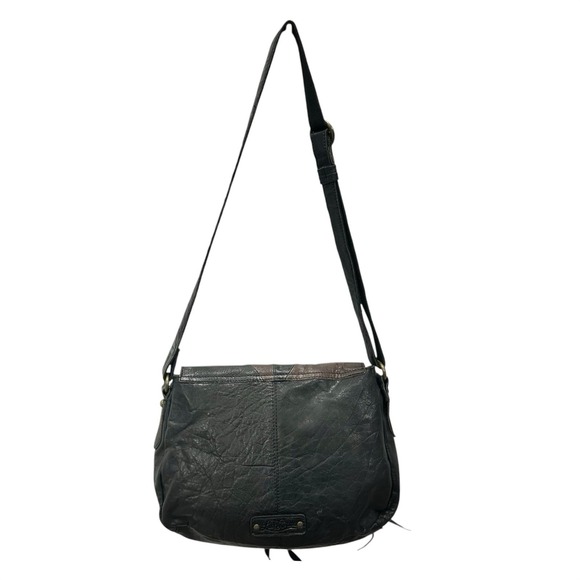 LUCKY BRAND Black Brown Patchwork Large Flap Zippers Leather Crossbody Bag VTG - Picture 9 of 14